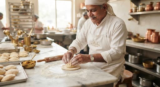 Halwai folding kachori dough by hand