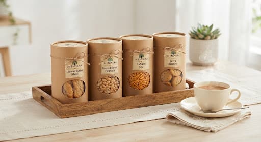 Chai-Nashta breakfast snack hamper in kraft canisters